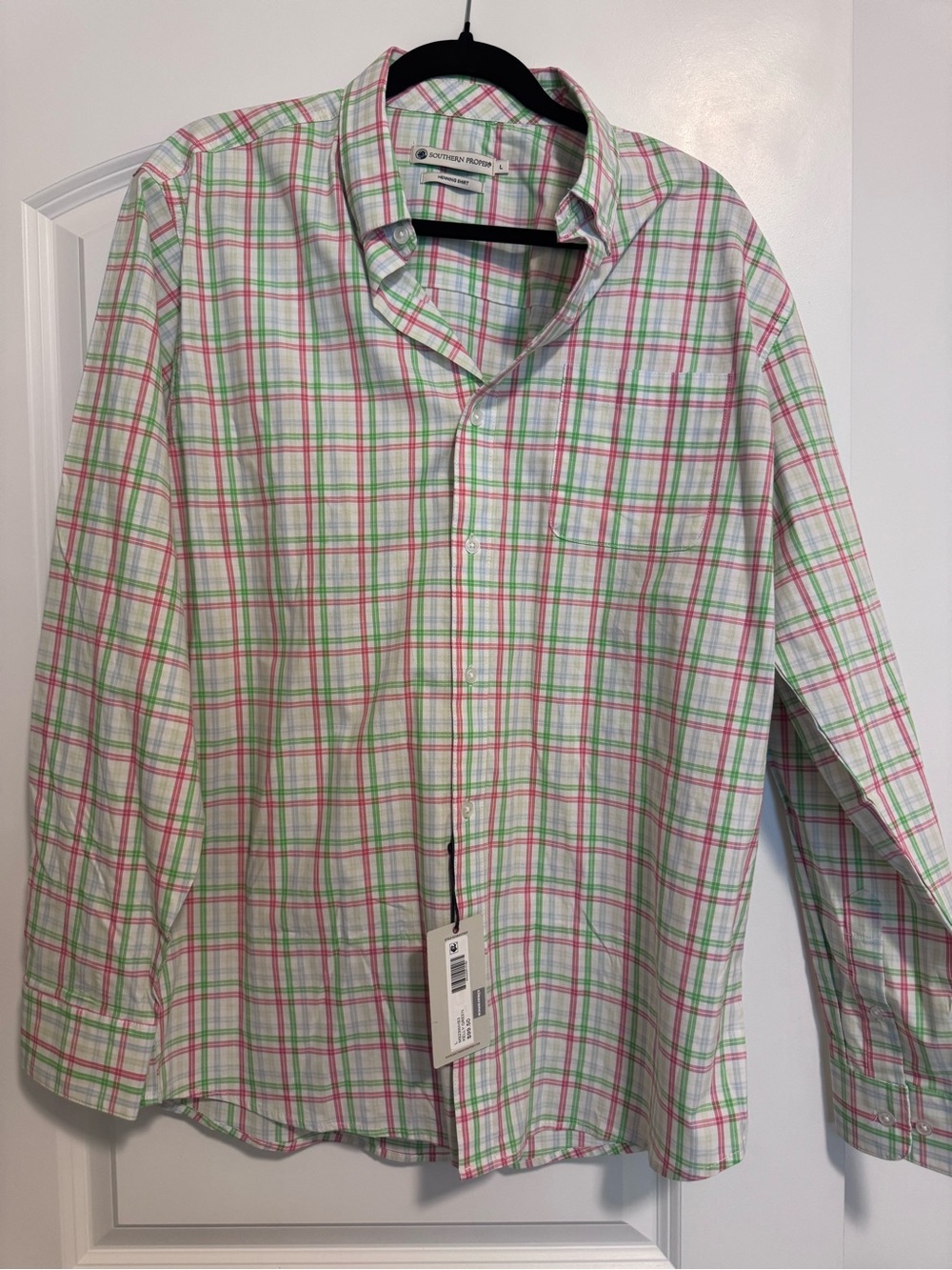 Southern Proper White Shirt with Green & Pink Plaid Button-Down